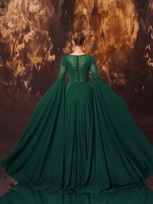 YISIKADO 女士奢华舞会礼服正式晚礼服串珠亮片雪纺长裙圆领开叉袖皇家优雅婚礼晚宴返校 - 墨綠色 - 查看 3