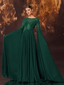 YISIKADO 女士奢华舞会礼服正式晚礼服串珠亮片雪纺长裙圆领开叉袖皇家优雅婚礼晚宴返校 - 墨綠色 - 查看 7