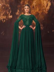 YISIKADO 女士奢华舞会礼服正式晚礼服串珠亮片雪纺长裙圆领开叉袖皇家优雅婚礼晚宴返校 - 墨綠色 - 查看 5