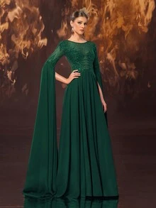 YISIKADO 女士奢华舞会礼服正式晚礼服串珠亮片雪纺长裙圆领开叉袖皇家优雅婚礼晚宴返校 - 墨綠色 - 查看 4