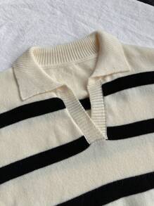 FOR BEAUTY Spring And Autumn New POLO Collar Half Open Retro Stripe Color Blocked Long Sleeved Knitted Sweater Women's J Fashion Loose Old Money Style Graduation Outfit Knit Top Jumpers For Women New Year