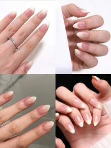 48 Stücke Set mit 2-in-1 kurzen mandelförmigen gepressten Nägeln in Nude-Ton, einfache milchig-weiße Farbverlauf Französisch Kombination Fake Nägel, zwei Optionen zum freien Kombinieren, geeignet als Geschenkset für Mädchen und Frauen zum täglichen Tragen, mit 2 Stücke doppelseitigem Klebeband und 1 Nagelfeile als Nagelpflege-Zubehör