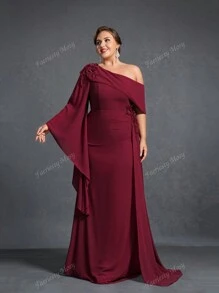 Plus-Size Evening Gown With Asymmetric Neckline, Statement Bell Sleeve & Cascading Side Silhouette - Elegant Mother-Of-The-Bride Dresses, Gala Dinner Attire, Formal Evening Wear, Red Carpet-Ready Designs, Black-Tie Event Outfits