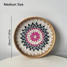 圆形藤条托盘 藤条餐具托盘 带木质底座 装饰性多色篮子 用于餐桌装饰、储存和摆放咖啡、面包、食物、水果 圣诞礼物 - 彩色 - 查看 10