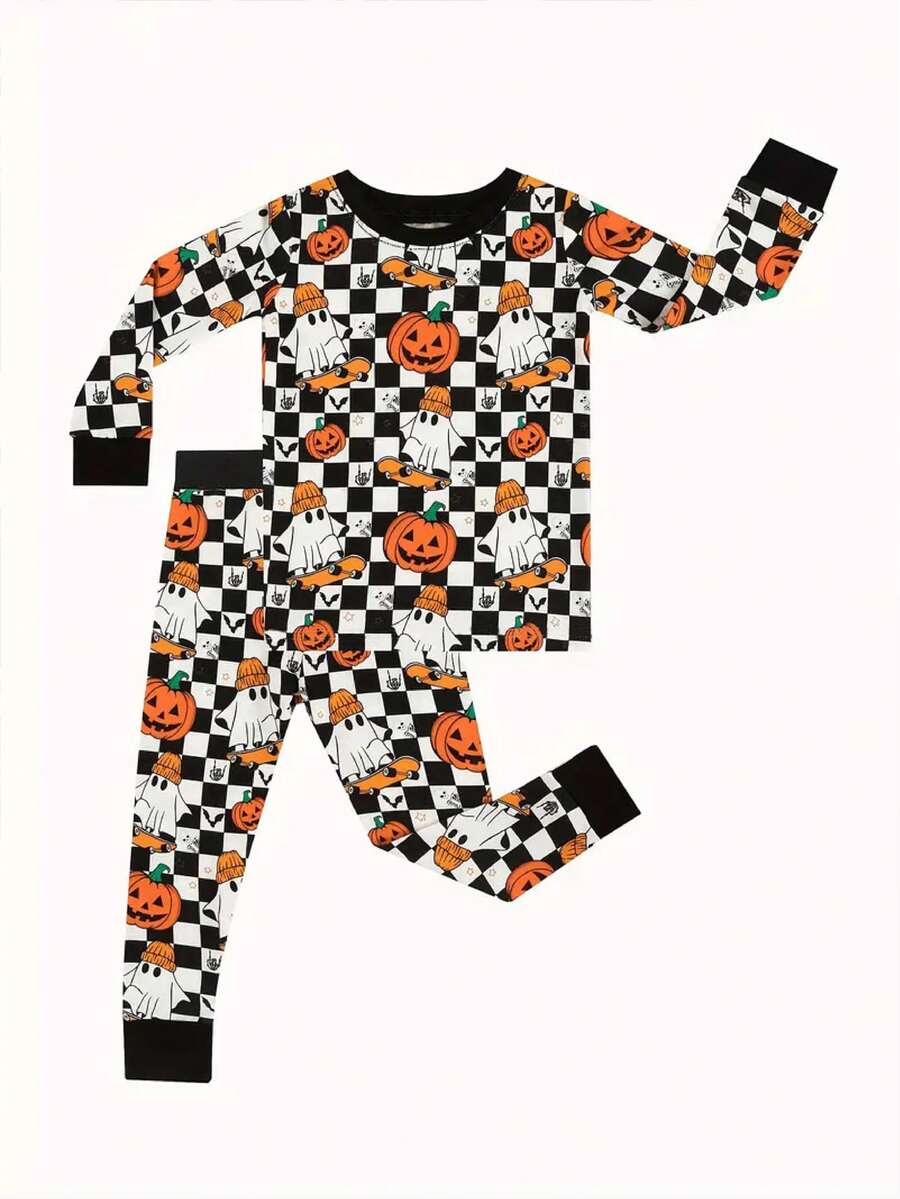 Halloween Black Plaid Ghost & Pumpkin Print Long Sleeve Outfit For Young Girl, Boys & Girls - Multicolor - View 1