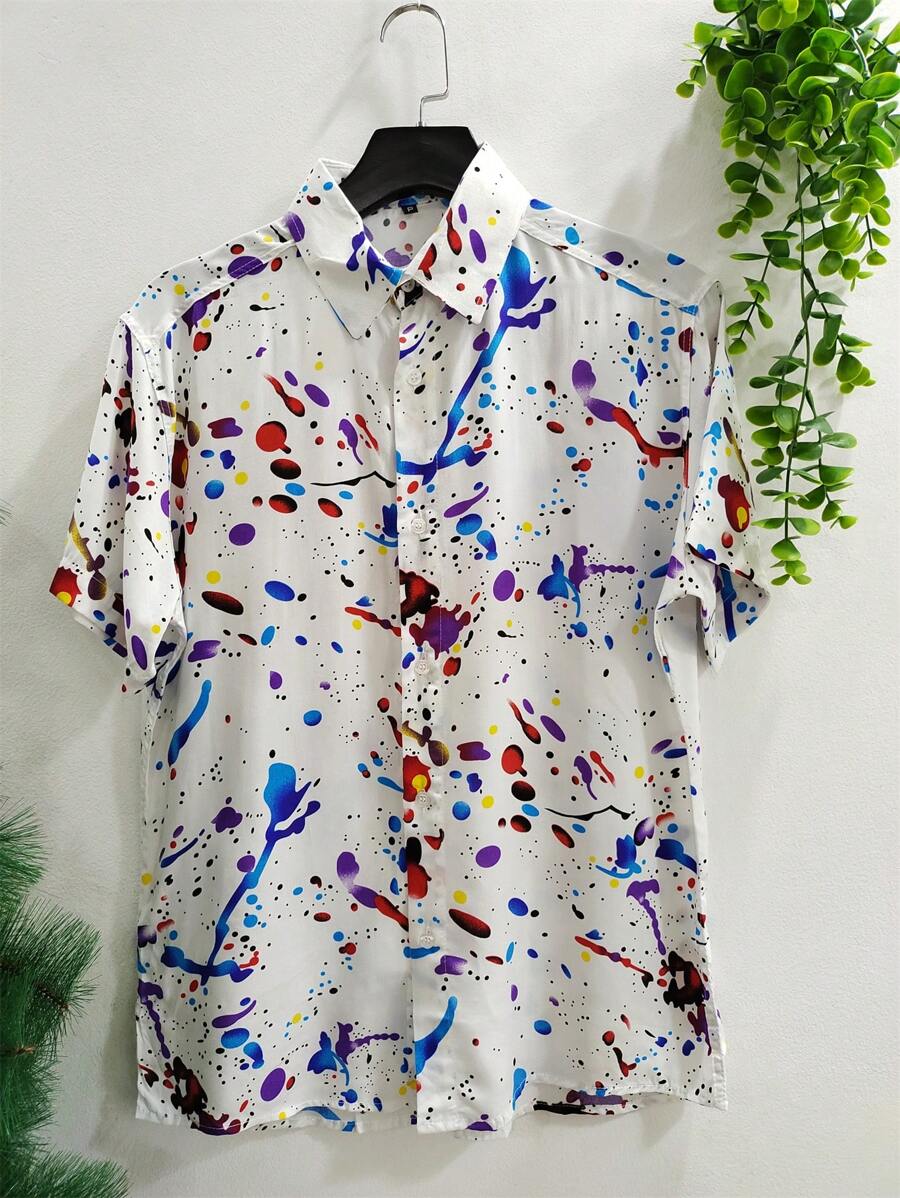 Floral Hawaiian Beach Shirt Summer Men's Short Sleeve Button Down 100% Viscose Fabric Shrinks A Little - 紫色 - 查看 1
