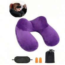 Juego de 3 piezas: antifaz para ojos, tapones para los oídos, almohada de viaje inflable y compacta con cuello anti-ruido y anti-brillo, reposacabezas ergonómico con funda de terciopelo suave y lavable para camping, viaje, avión, tren, coche, oficina - Negro - Ver 14