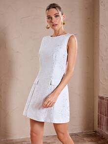 Sollinarry Damen Kleid Einfarbig, ärmelos, taillenbetonendes Passform - Weiss - Übersicht 5