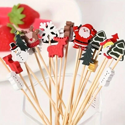 50/100pcs/Pack Christmas Pattern Bamboo Skewers, Christmas Tree, Santa Claus, Snowman Cake Toppers, Holiday Supplies, Disposable Artistic Toothpicks, Fruit Dessert Forks, Fruit Picks, Suitable For Christmas Parties, Perfect Gift