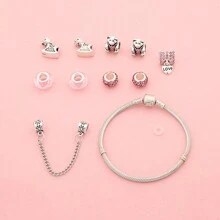 Pulseira de pingente de coração de cristal rosa, com contas de cavalo e urso em tom prateado, presente de joia feminina