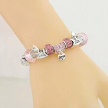 Pulseira de pingente de coração de cristal rosa, com contas de cavalo e urso em tom prateado, presente de joia feminina