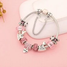 Pulseira de pingente de coração de cristal rosa, com contas de cavalo e urso em tom prateado, presente de joia feminina