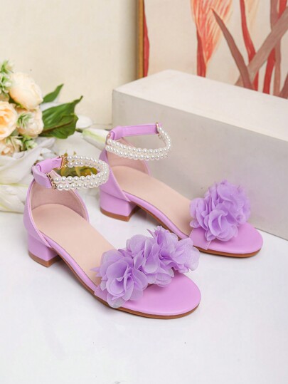 1 Pair Summer New Fashion Roman High Heel Pearl Decorated Sandals, Girls' High Heel Dance Shoes, Students Performance & Daily Activity Sandals, Wedding Shoes