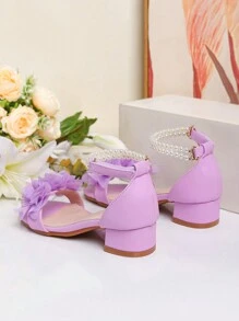 1 Pair Summer New Fashion Roman High Heel Pearl Decorated Sandals, Girls' High Heel Dance Shoes, Students Performance & Daily Activity Sandals, Wedding Shoes - Purple - View 6