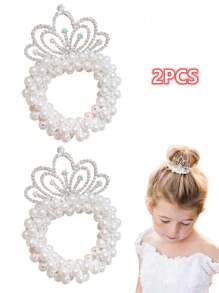 2 piezas Lazos para el cabello de niña, Scrunchies con cuentas de perlas y corona, Bandas elásticas para el cabello, Sujetadores de coleta, Accesorios para el cabello para princesa con diademas brillantes con cristales - Blanco - Ver 8