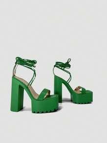 RevReaL Women's Platform Block Heels With Ankle Wrap Strap - High Heel Sandals For Party, Clubbing, And Special Occasions - Green - View 1