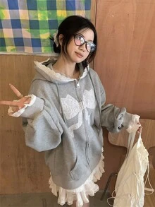 女士休闲蝴蝶结撞色蕾丝连帽拉链运动衫夹克秋冬季长袖上衣 - 灰色 - 查看 8