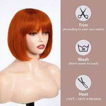 FASHION IDOL Bob Human Hair Wig With Bangs For Women Short Straight Hair 8 Inch Wine Red Glueless Machine Made Short Bob Wigs - S ORANGE - View 3
