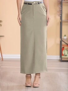 STYLE FASHION Two-Tone Linen Long Skirt With Black Belt/The Fabric Is Better Than Tailoring//Slits On Both Sides/Button Details/Casual/Trend/Look/Everyday/Summer/Elegant/Casual/Stylish/Collection 2024 - 米色 - 查看 1