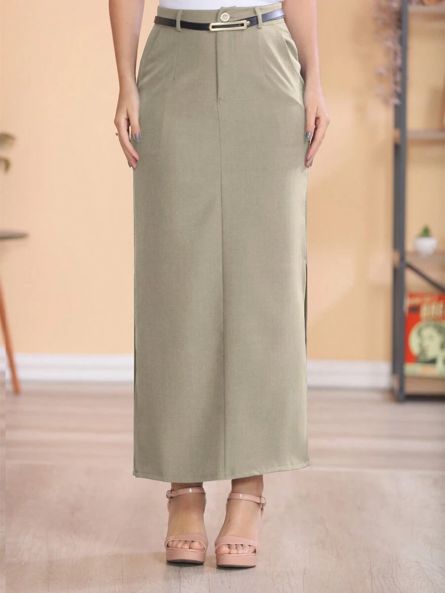 STYLE FASHION Two-Tone Linen Long Skirt With Black Belt/The Fabric Is Better Than Tailoring//Slits On Both Sides/Button Details/Casual/Trend/Look/Everyday/Summer/Elegant/Casual/Stylish/Collection 2024 - 米色 - 查看 1