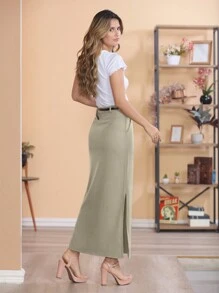 STYLE FASHION Two-Tone Linen Long Skirt With Black Belt/The Fabric Is Better Than Tailoring//Slits On Both Sides/Button Details/Casual/Trend/Look/Everyday/Summer/Elegant/Casual/Stylish/Collection 2024 - 米色 - 查看 7