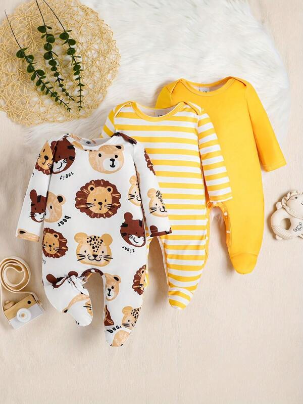 3 Stück/Set Baby Jungen Strampler mit Tiermuster gestreift + gepunktet + einfarbig Rundhals Langarm