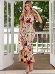 Women's Floral Embroidery Maxi Dress Wedding Guest Dress Evening Party Dress - 紅色 - 查看 1