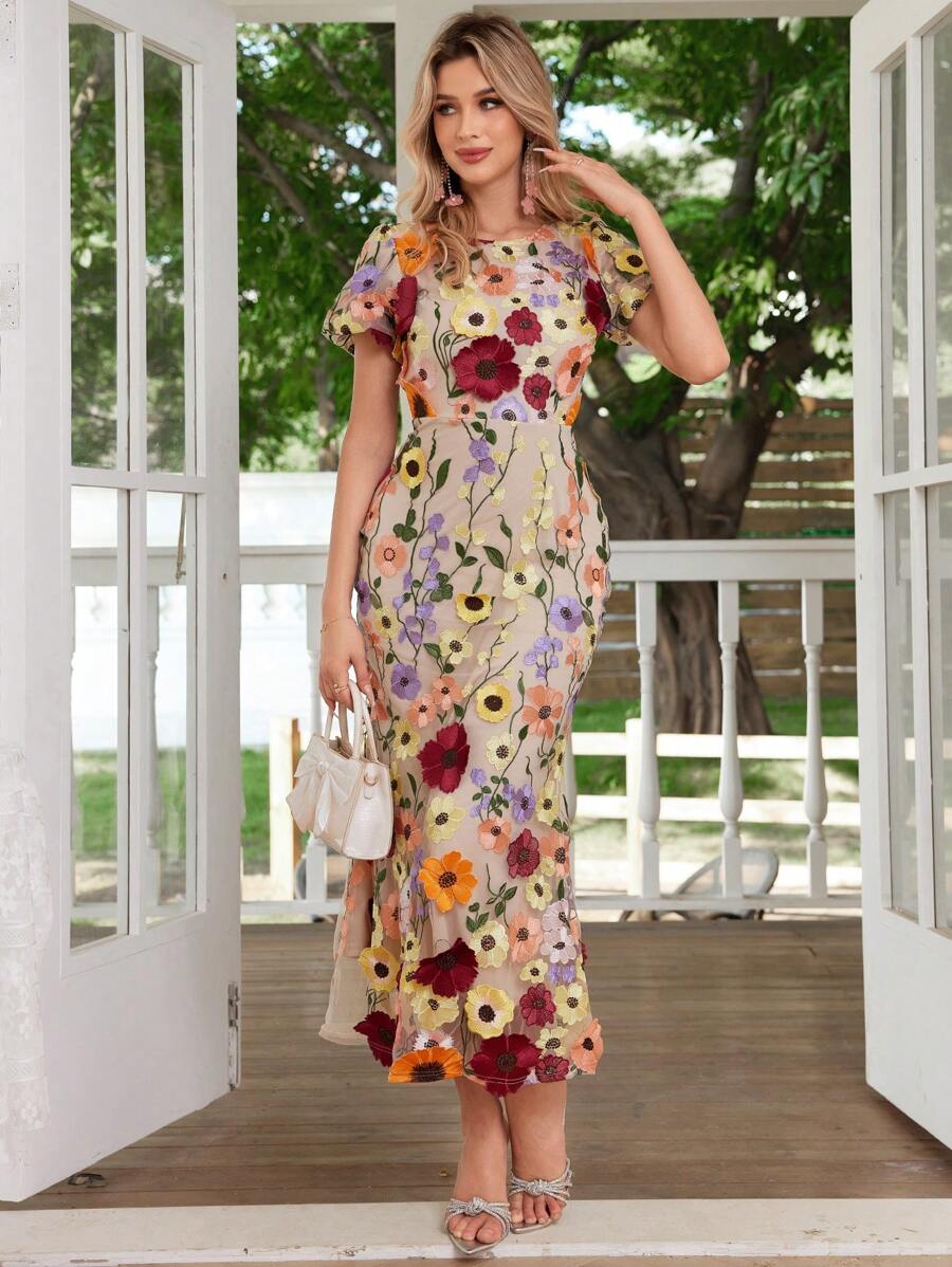 Women's Floral Embroidery Maxi Dress Wedding Guest Dress Evening Party Dress - 紅色 - 查看 1