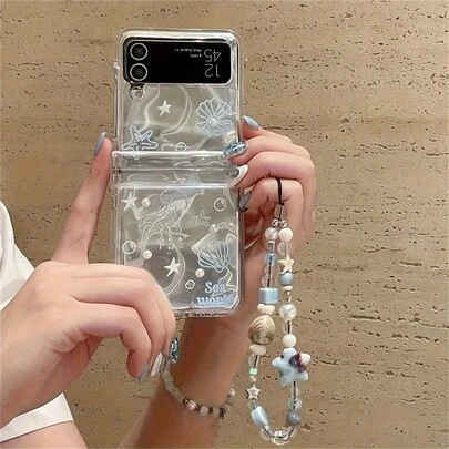 可爱海洋元素折叠手机壳 Y2K 韩版 3D 水母海洋动物珍珠波浪透明手机壳 兼容三星 Galaxy Z Flip5 Z Flip6 Z Flip3 Z Flip 4 可爱卡通贝壳珍珠手链链条后盖 春季礼物 生日派对