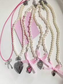 5件套可爱芭蕾舞风格女孩项链，粉色Y2K风格可爱蝴蝶结女士项链套装，心形吊坠锁骨链，情人节 - 粉色 - 查看 3