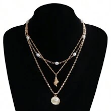 1 件多层珍珠贝壳吊坠项链，波西米亚金色扁平蛇链项链，百搭海滩风格，适合女性