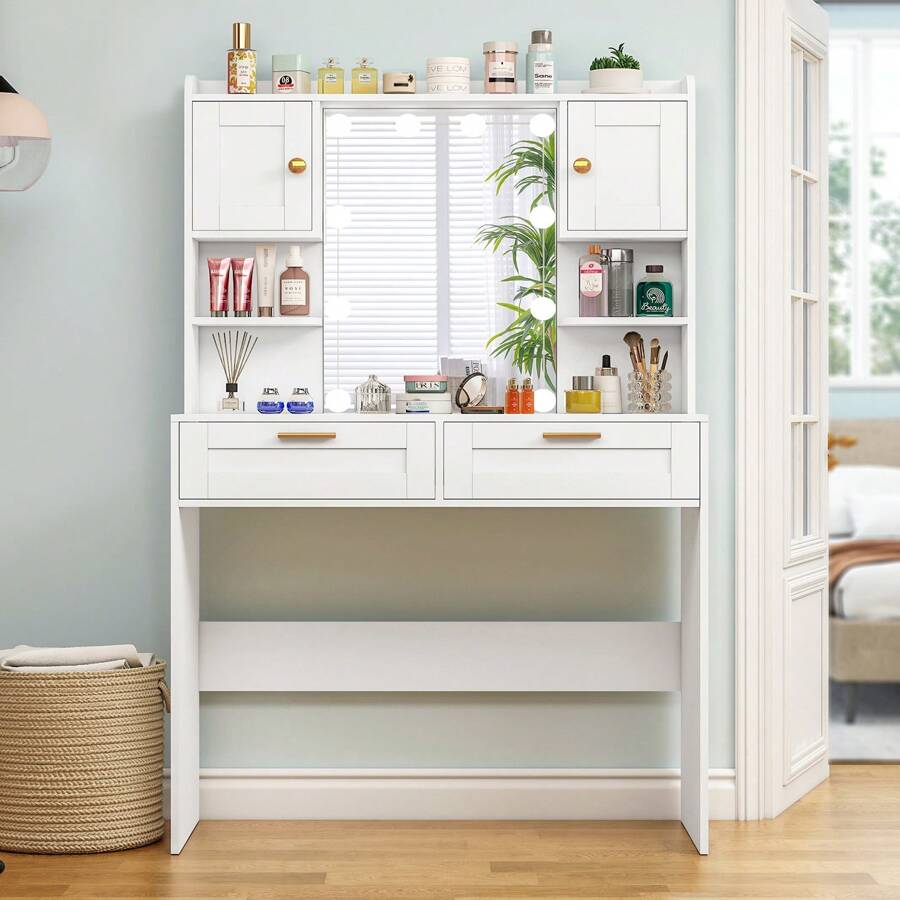 Schminktisch mit LED-Beleuchtung, 3 Farben, Einstellbare Helligkeit,Kosmetiktisch mit Spiegel, Frisiertisch mit 2 Schränken und 2 offenen Regalen, 2 Schubladen,Schlafzimmer, Weiß