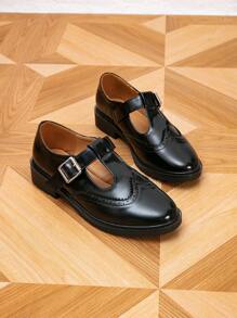 Women's Round Toe Side Button Flat Shoes Black Thick Sole Brogue Loafers, Spring Autumn,Mary Janes - Black - View 6