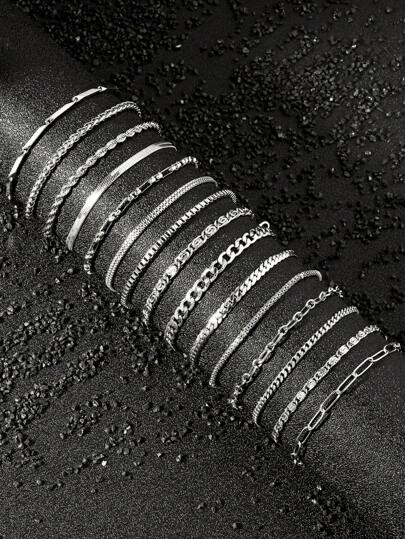 Set de 15 piezas de brazaletes delgados de acero inoxidable, estilo de moda personalizado, unisex, apropiado para uso diario, regalo de pareja, joyería de vacaciones