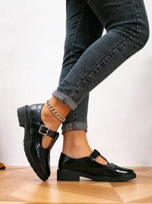 Women's Round Toe Side Button Flat Shoes Black Thick Sole Brogue Loafers, Spring Autumn,Mary Janes - Black - View 2