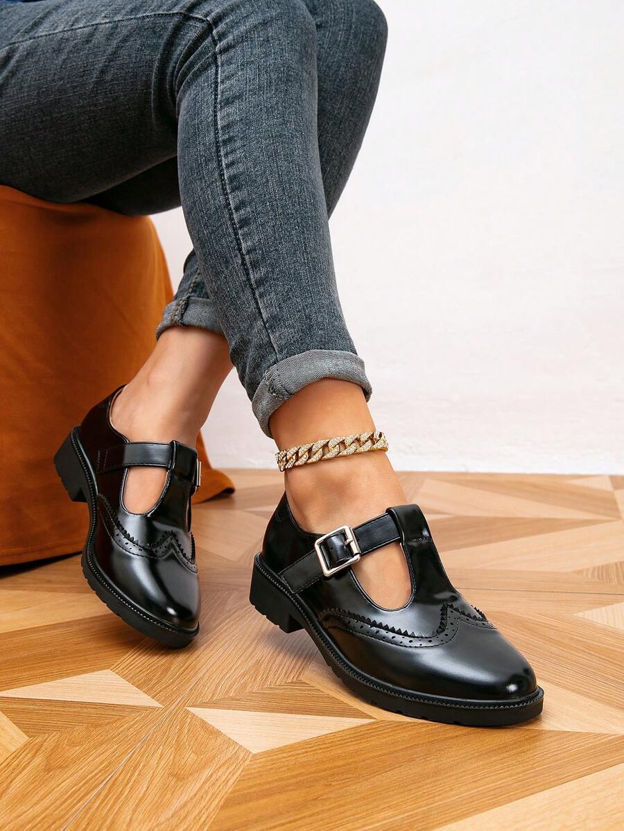 Women's Round Toe Side Button Flat Shoes Black Thick Sole Brogue Loafers, Spring Autumn,Mary Janes - Black - View 1