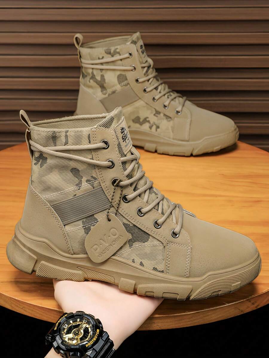 大码新款男士劳保工装靴靴子真皮短靴休闲鞋工装鞋高帮作战靴户外登山靴驼色 - 駝色 - 查看 1