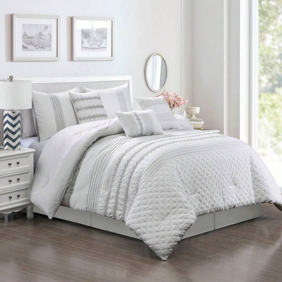 7 Piece White Embroidered Comforter Set- All Season Elegant Bedding Set, Contemporary Brushed Microfiber - Breathable & Comfortable Bed In A Bag With Down Alternative Filling - White - View 1