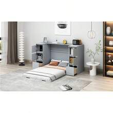 Twin Size Murphy Bed With Drawers, Cabinets And USB Ports, Gray - Gray+MDF+LVL+Twin as Pic - View 23
