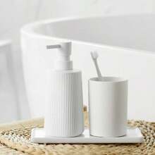 1 pieza Dispensador de jabón blanco a rayas moderno, dispensador de botella de jabón líquido de plástico con forma redonda, ideal para uso en baño y cocina, decoración del hogar, decoración de otoño, de vuelta a la escuela - Blanco - Ver 4
