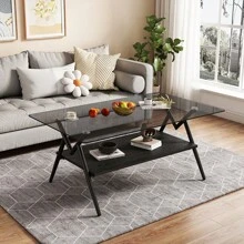 Yoglad Rectangle Coffee Table With Tempered Glass Top And MDF Shelf, Modern Table For Living Room, Gray Glass - Kính xám + Kệ đen - Xem 5