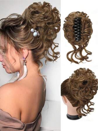 爪夹大号凌乱发髻发片，适合女士凌乱波浪卷发发髻接发，凌乱高髻发髻发夹，合成发髻马尾接发