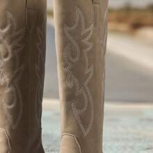 Match Jacket,New Fashion Pointed Toe Chunky Heel Embroidered Western Cowboy Boots - Apricot - View 6