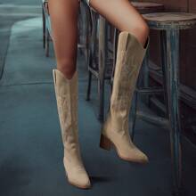 Match Jacket,New Fashion Pointed Toe Chunky Heel Embroidered Western Cowboy Boots - Apricot - View 5