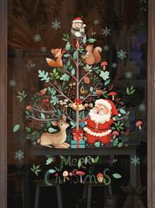 1pc Christmas Tree Window Clings Decal Stickers - Cartoon Santa Claus & Elk & Snowflake Pattern Static PVC Stickers For Seasonal & Holiday Decor, White Snowflake Static Glass Sticker For Winter Party And New Years Celebrations,Christmas