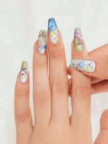 10PCS Fake Nails With Heart Decal Luxurious Shiny Smooth Texture Design False Nails For Nail Salons And DIY Nail Art - Multicolor - View 2