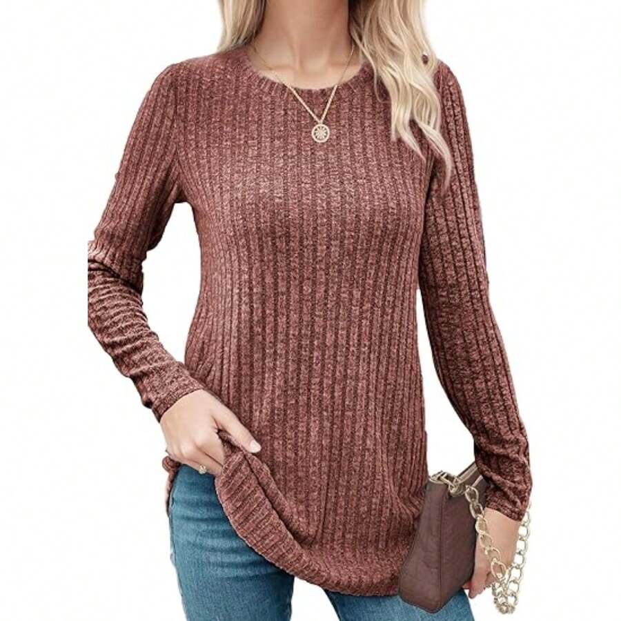 Solid Color Crewneck Loose Knit Women's Brushed Ribbed Sweater Long Sleeve Shirt For Fall, Winter, And Spring, Lightweight Women's Sweater Top, Elegant Casual Fashion