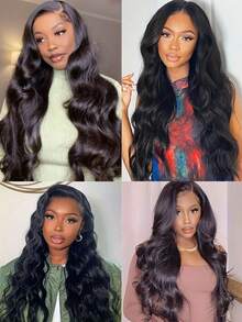 Tóc giả ren phía trước 13X6 Body Wave Tóc giả ren phía trước bằng tóc thật dành cho phụ nữ Tóc giả bằng tóc tự nhiên Tóc giả ren phía trước Body Wave trong suốt Tóc giả không keo 180 độ dày Tóc giả không keo nhổ sẵn Tóc em bé - màu đen - Xem 7