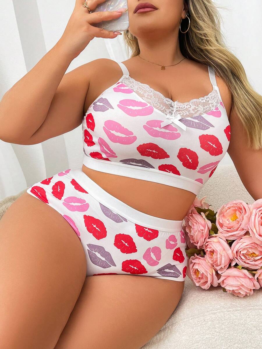 Set de 2 piezas de sujetador y bragas sin cable con decoración de mariposa y estampado de labios de encaje, con elevación y soporte, conjunto de lencería de talla grande para mujer, set de 2 piezas - Multicolor - Ver 1