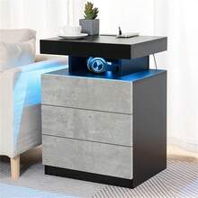 Gray Nightstand With Wireless Charging Station High Gloss Night Stand With 3 Drawers Bedside Table With USB Type C Charging Adjustable LED Lights Organizer For Bedroom - Bê tông xám - Xem 2